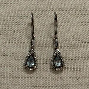 Vintage 925 Sterling Silver Fancy Dangly Earrings w Blue Teardrop Gem & CZ Halo